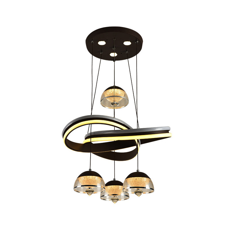 Modern Black Domed Pendant Light with 4 LED Heads and Strip Beam for Dining Room Cluster