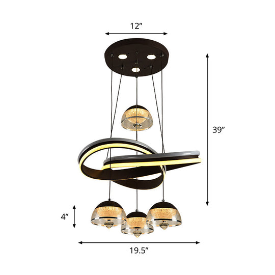 Modern Black Domed Pendant Light with 4 LED Heads and Strip Beam for Dining Room Cluster
