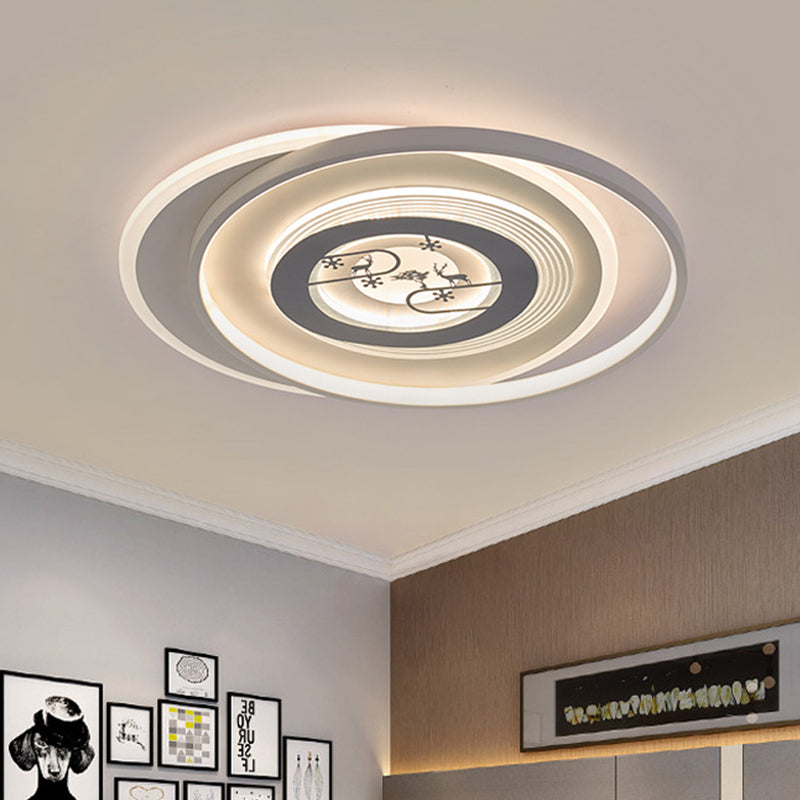 Modern LED Acrylic Flushmount Light Fixture - White Circular Flushmount with Deer and Tree Pattern