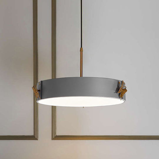 Minimalist Acrylic LED Drum Pendant Lamp with Grey Finish - Stylish Hanging Light Fixture with Butterfly Design