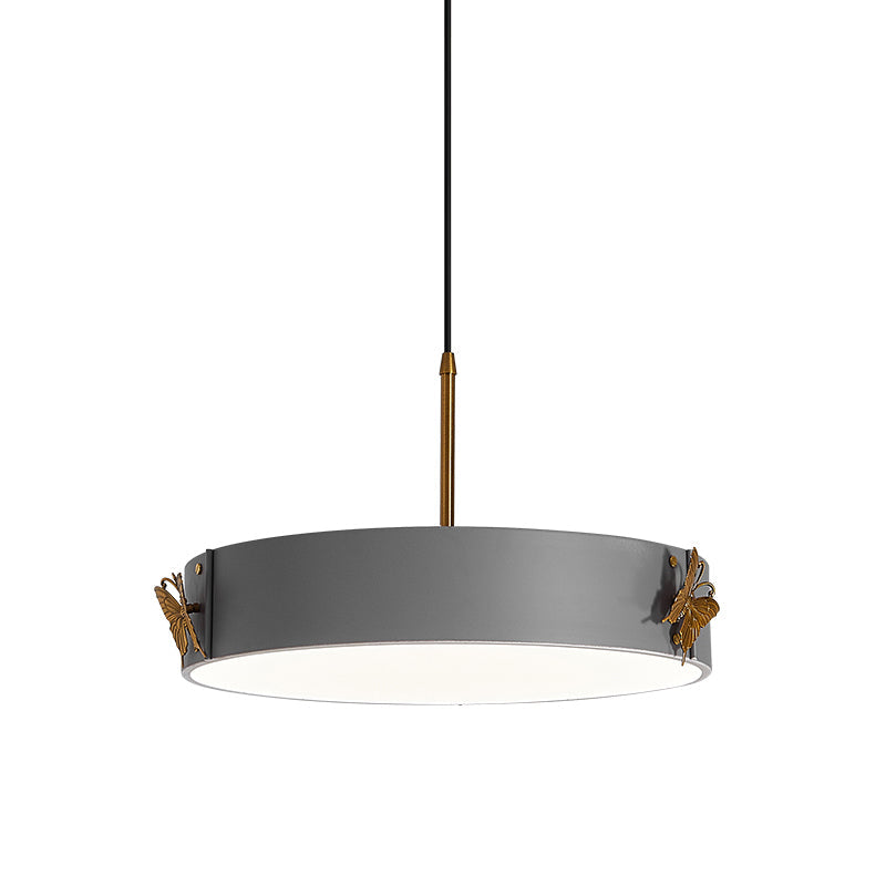 Minimalist Acrylic LED Drum Pendant Lamp with Grey Finish - Stylish Hanging Light Fixture with Butterfly Design