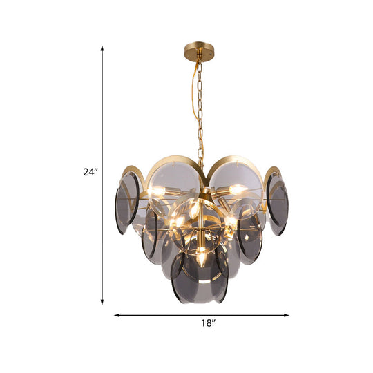 Smoke Gray Glass 7-Head Round Panel Pendant Light Fixture: Modern Brass Hanging Chandelier