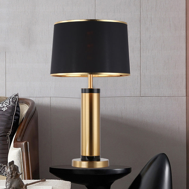 Modern Metallic Tube Desk Light with Gold Finish, 1-Light, Drum Black Fabric Shade