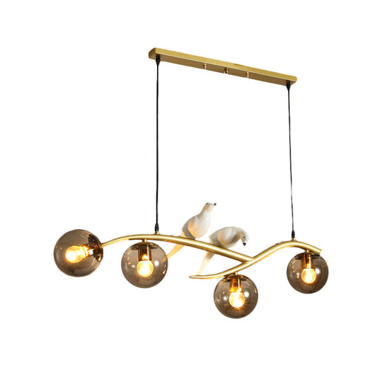 Globe Chandelier Light - Milk White/Smoke Grey Glass - Minimal 4 Lights - Black/Gold Finish - Birds Deco