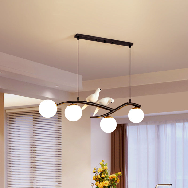 Globe Chandelier Light - Milk White/Smoke Grey Glass - Minimal 4 Lights - Black/Gold Finish - Birds Deco