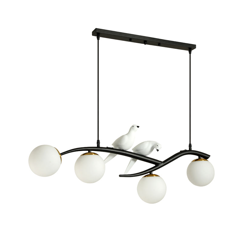 Globe Chandelier Light - Milk White/Smoke Grey Glass - Minimal 4 Lights - Black/Gold Finish - Birds Deco