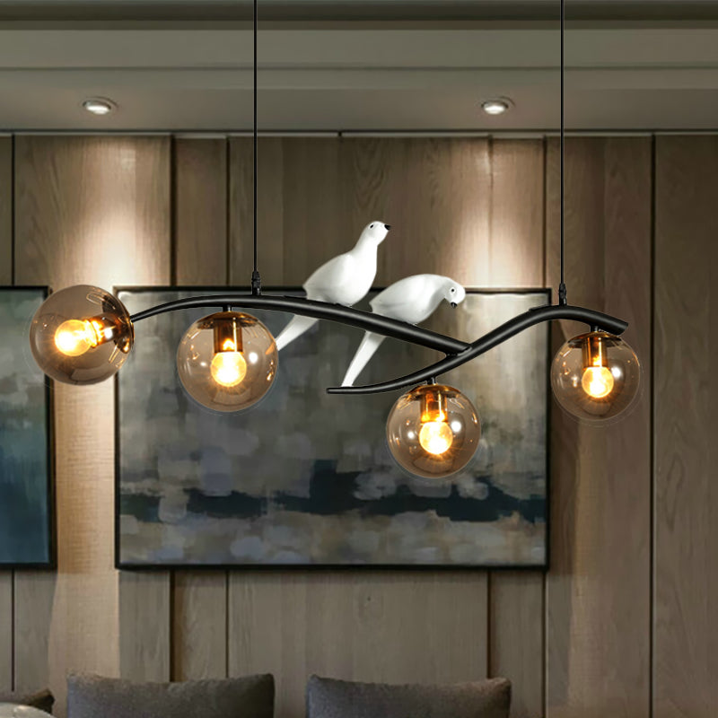 Globe Chandelier Light - Milk White/Smoke Grey Glass - Minimal 4 Lights - Black/Gold Finish - Birds Deco