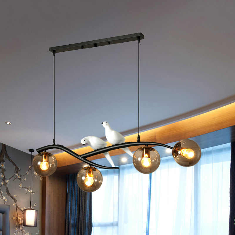 Globe Chandelier Light - Milk White/Smoke Grey Glass - Minimal 4 Lights - Black/Gold Finish - Birds Deco