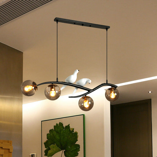 Globe Chandelier Light - Milk White/Smoke Grey Glass - Minimal 4 Lights - Black/Gold Finish - Birds Deco