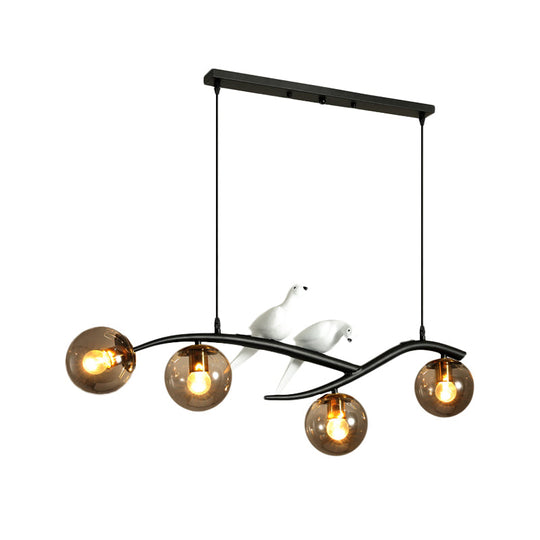 Globe Chandelier Light - Milk White/Smoke Grey Glass - Minimal 4 Lights - Black/Gold Finish - Birds Deco