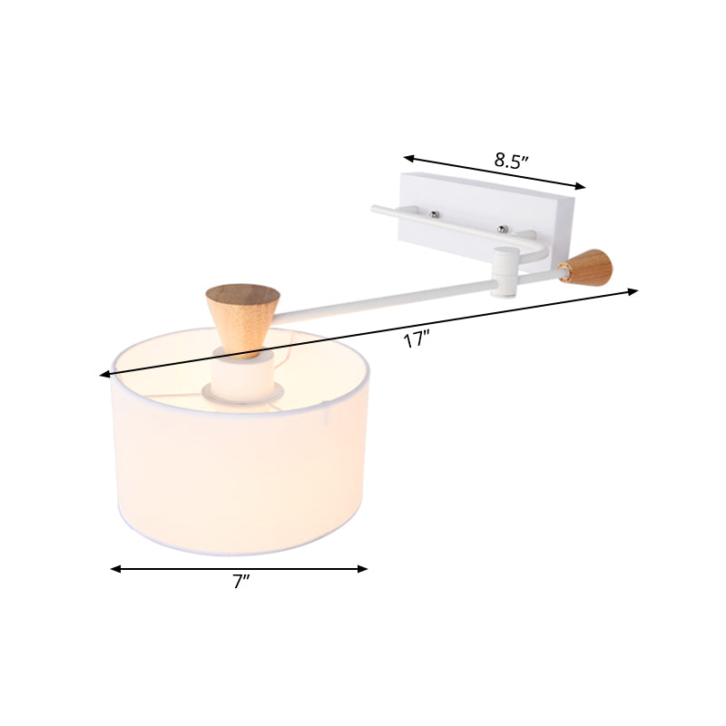 Modernist Drum Fabric Wall Sconce with Rotatable Arm and White Finish