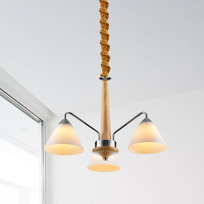 Modern Chrome and Wood Conical Chandelier with Frosted Glass - 3/5 Lights