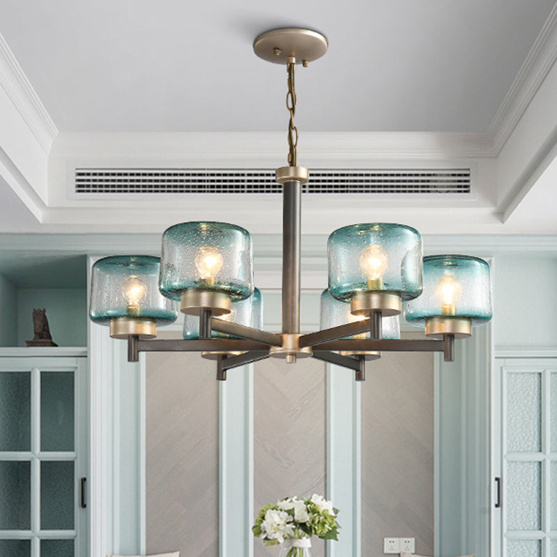 Modern Grey Dining Room Chandelier with Blue Seeded Glass Shade - Choose 3 or 6 Lights & Radial Suspension