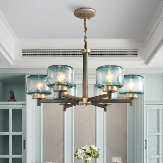 Modern Grey Dining Room Chandelier with Blue Seeded Glass Shade - Choose 3 or 6 Lights & Radial Suspension