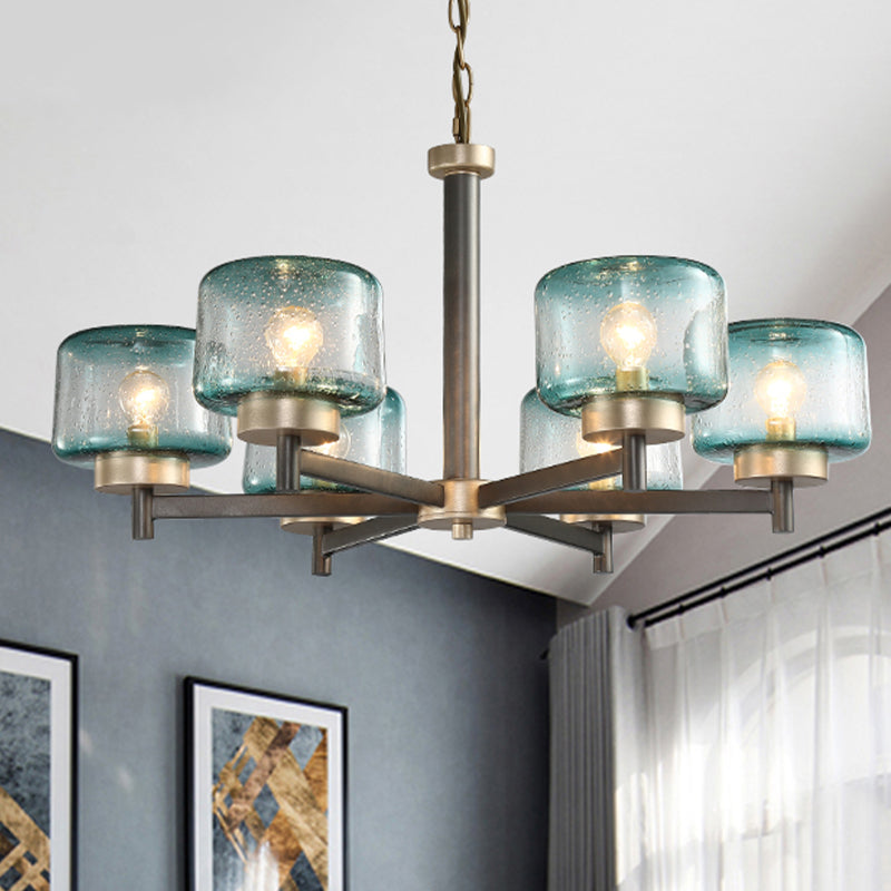 Modern Grey Dining Room Chandelier with Blue Seeded Glass Shade - Choose 3 or 6 Lights & Radial Suspension