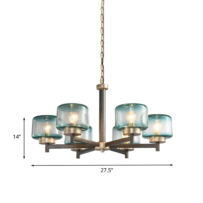 Modern Grey Dining Room Chandelier with Blue Seeded Glass Shade - Choose 3 or 6 Lights & Radial Suspension