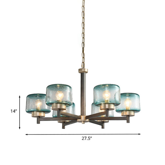 Modern Grey Dining Room Chandelier with Blue Seeded Glass Shade - Choose 3 or 6 Lights & Radial Suspension