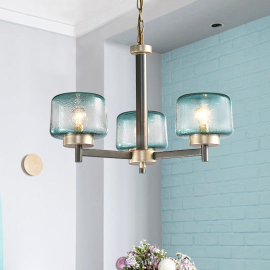Modern Grey Dining Room Chandelier with Blue Seeded Glass Shade - Choose 3 or 6 Lights & Radial Suspension