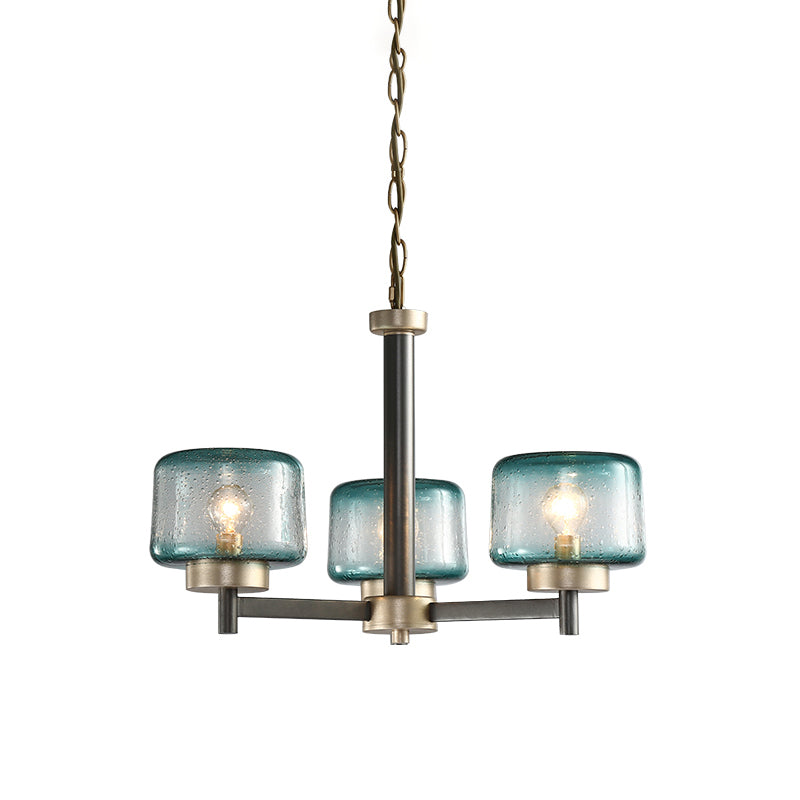 Modern Grey Dining Room Chandelier with Blue Seeded Glass Shade - Choose 3 or 6 Lights & Radial Suspension