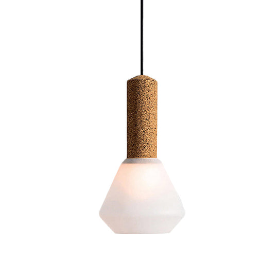 Modernist Pendant Light with Wood Diamond Design and Textured White/Smoke Gray Glass Shade