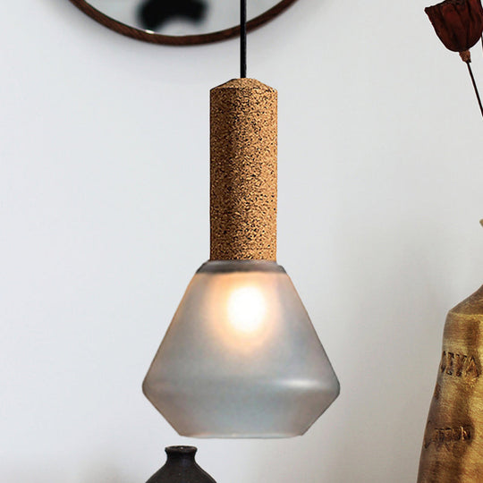 Modernist Pendant Light with Wood Diamond Design and Textured White/Smoke Gray Glass Shade