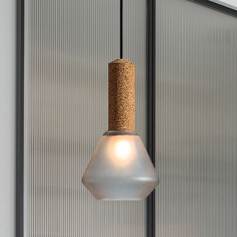 Modernist Pendant Light with Wood Diamond Design and Textured White/Smoke Gray Glass Shade