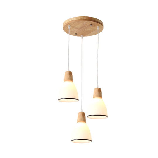 Japanese Wood Bell 3-Head Pendant Lamp with White Glass Suspension - Perfect for Over Table Lighting