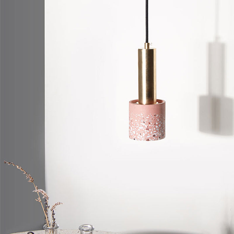 Nordic Terrazzo 1-Light Cylinder Hanging Light for Bedroom Ceiling - White/Black/Pink with Tube Gold Top