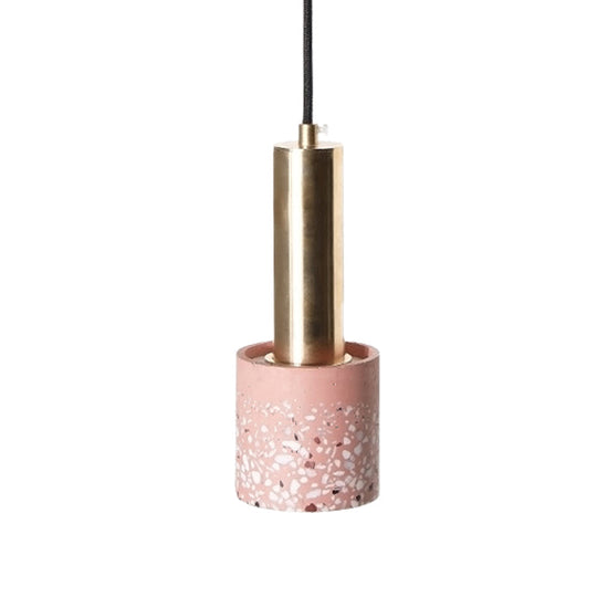 Nordic Terrazzo 1-Light Cylinder Hanging Light for Bedroom Ceiling - White/Black/Pink with Tube Gold Top
