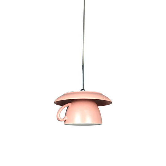 Macaron Pink/Grey/Green LED Pendant Lamp with Coffee Cup Ceramics Shade - Perfect for Restaurants - 1-Light Hanging Lighting
