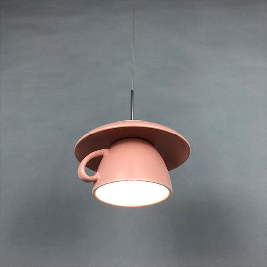 Macaron Pink/Grey/Green LED Pendant Lamp with Coffee Cup Ceramics Shade - Perfect for Restaurants - 1-Light Hanging Lighting