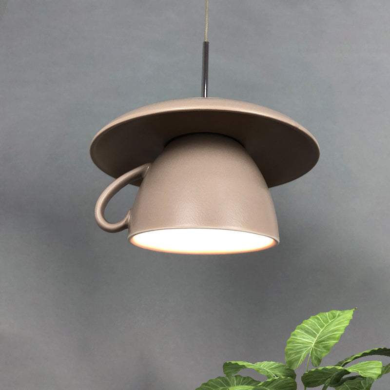 Macaron Pink/Grey/Green LED Pendant Lamp with Coffee Cup Ceramics Shade - Perfect for Restaurants - 1-Light Hanging Lighting