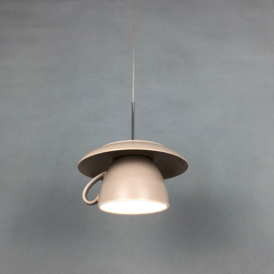 Macaron Pink/Grey/Green LED Pendant Lamp with Coffee Cup Ceramics Shade - Perfect for Restaurants - 1-Light Hanging Lighting