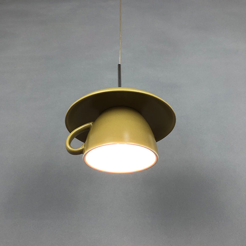 Macaron Pink/Grey/Green LED Pendant Lamp with Coffee Cup Ceramics Shade - Perfect for Restaurants - 1-Light Hanging Lighting