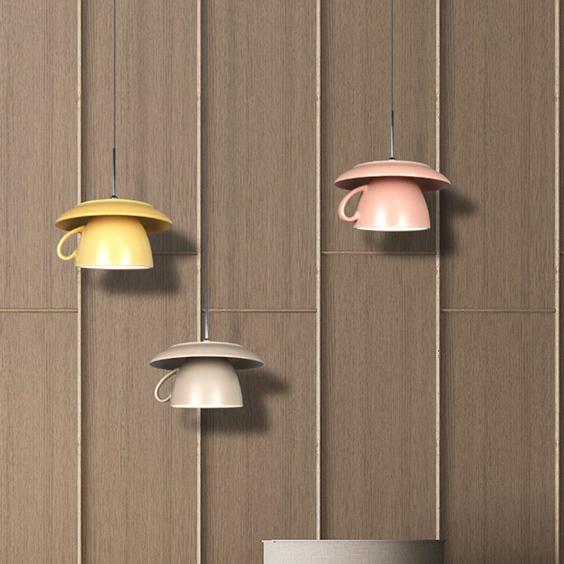 Macaron Pink/Grey/Green LED Pendant Lamp with Coffee Cup Ceramics Shade - Perfect for Restaurants - 1-Light Hanging Lighting