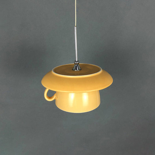 Macaron Pink/Grey/Green LED Pendant Lamp with Coffee Cup Ceramics Shade - Perfect for Restaurants - 1-Light Hanging Lighting