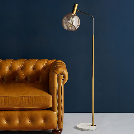 Modern Ball Floor Stand Lamp - Smoke Gray Glass, 1 Light - Brass and Black Finish