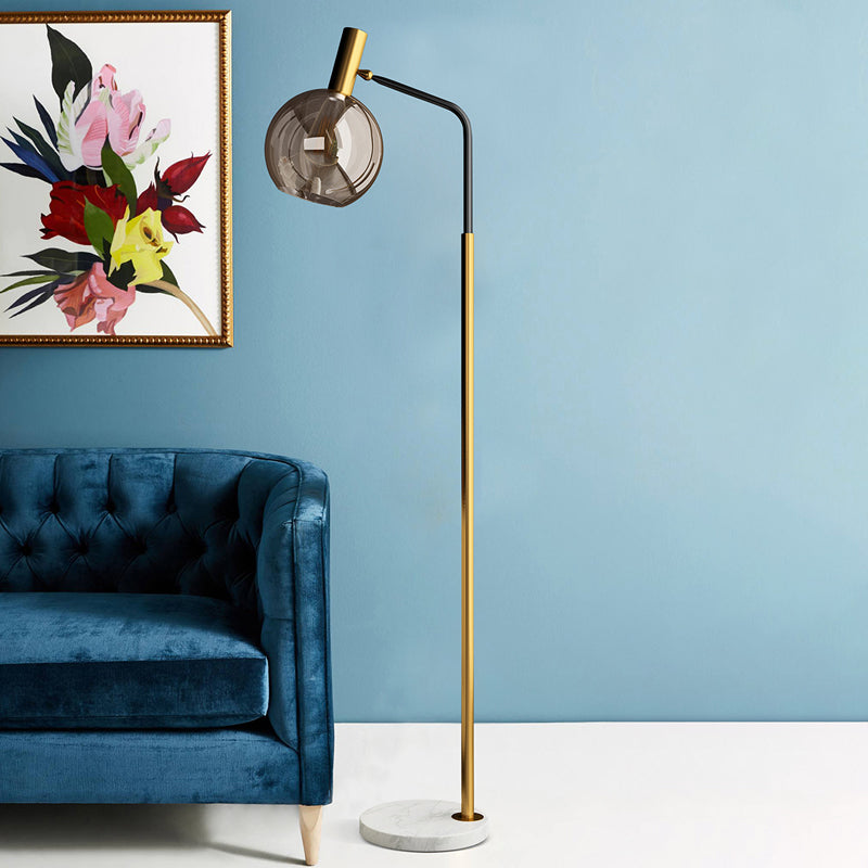 Modern Ball Floor Stand Lamp - Smoke Gray Glass, 1 Light - Brass and Black Finish