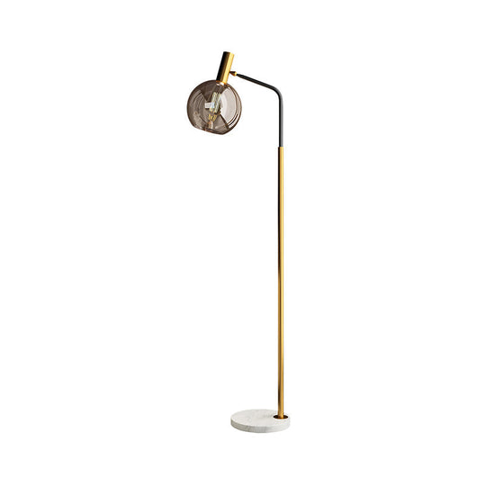 Modern Ball Floor Stand Lamp - Smoke Gray Glass, 1 Light - Brass and Black Finish