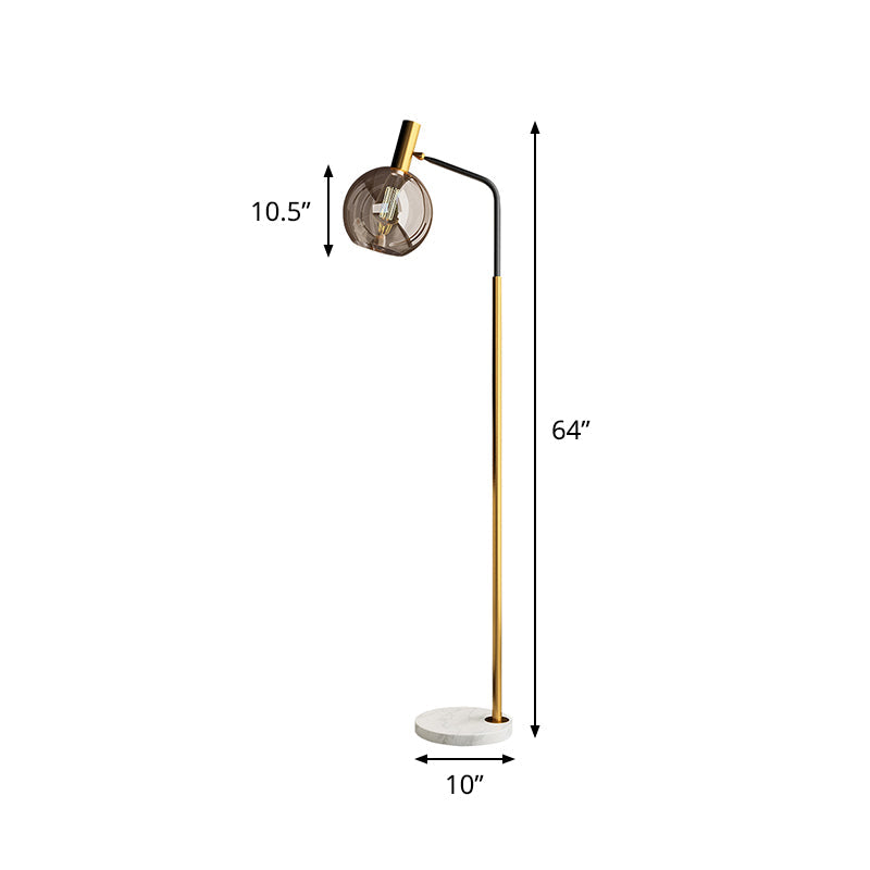 Modern Ball Floor Stand Lamp - Smoke Gray Glass, 1 Light - Brass and Black Finish