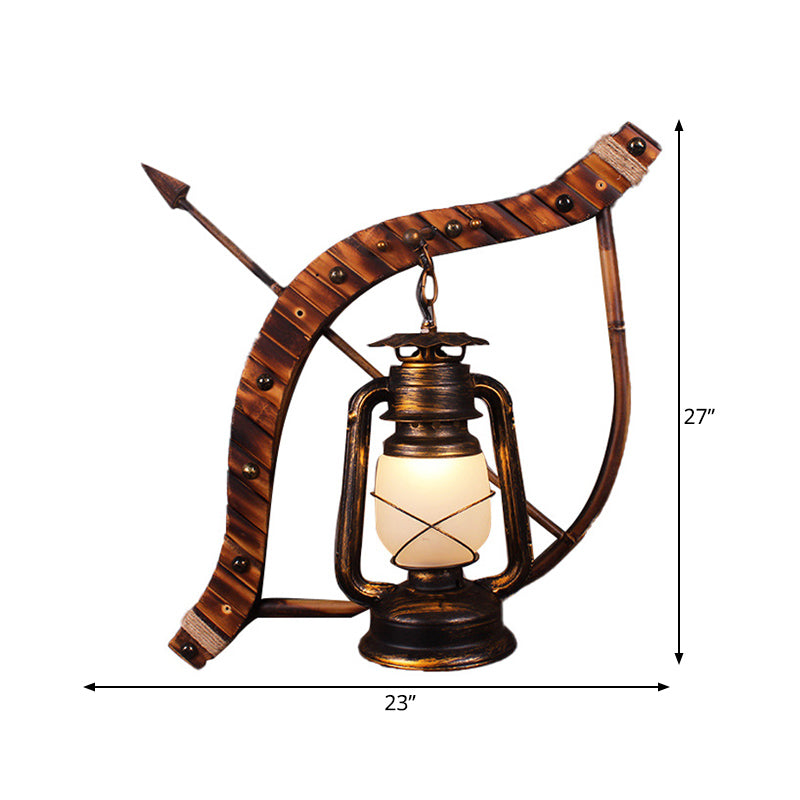 Vintage Lantern Wall Lamp: 1-Light Opal Glass Sconce in Bronze with Wood Bow and Arrow Deco