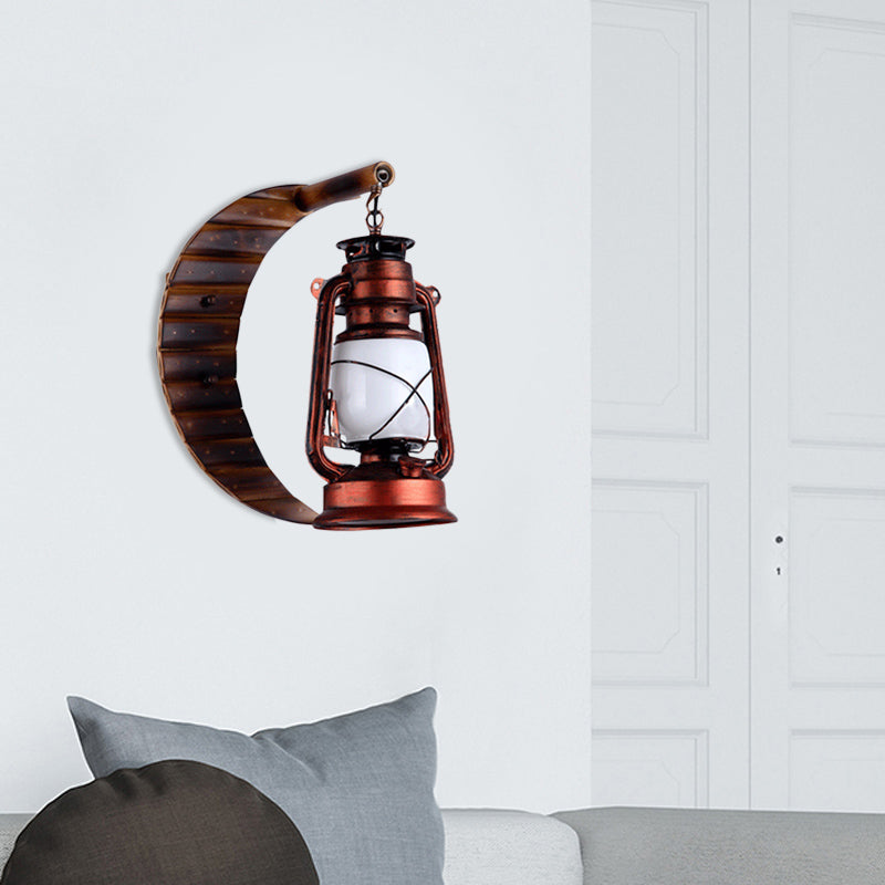 White Glass Copper Sconce Lamp Lantern - Coastal Style Wall Mounted Light with Bamboo Crescent Deco