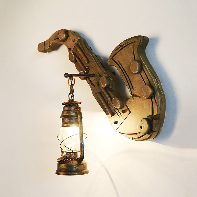 Modern 1-Light Kerosene Wall Sconce – Brass Finish, Clear Glass Lamp with Wood Backplate