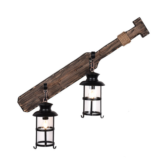 Rustic Farmhouse 2-Light Kerosene Wall Sconce with Clear Glass in Black Wood Tool Design