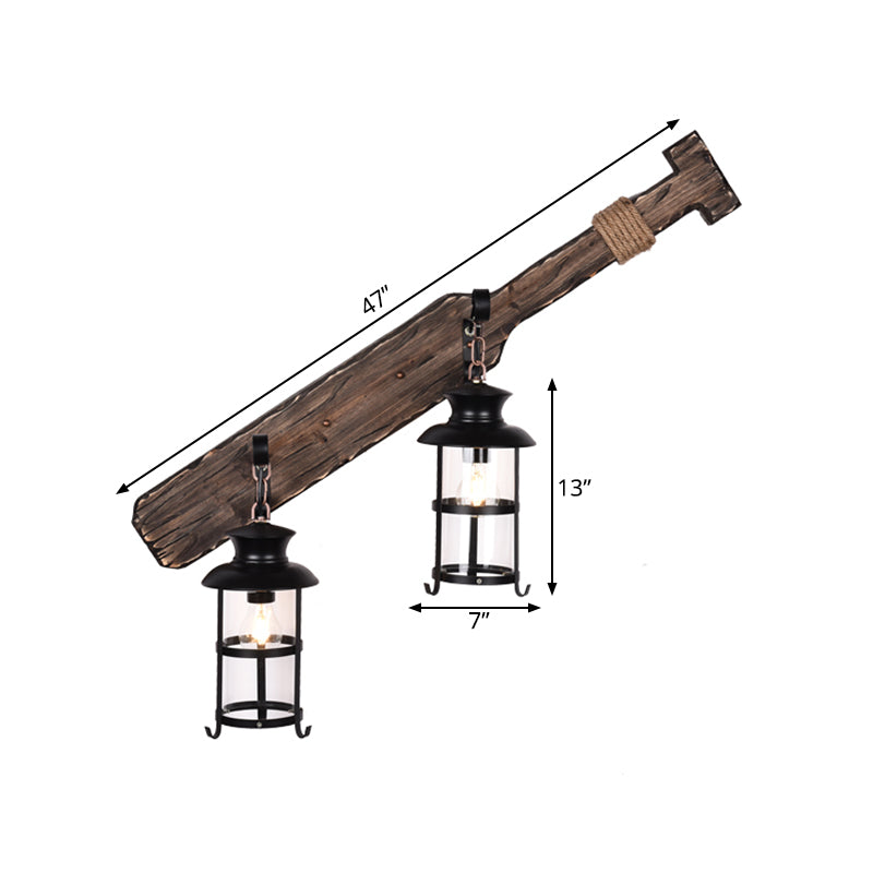 Rustic Farmhouse 2-Light Kerosene Wall Sconce with Clear Glass in Black Wood Tool Design