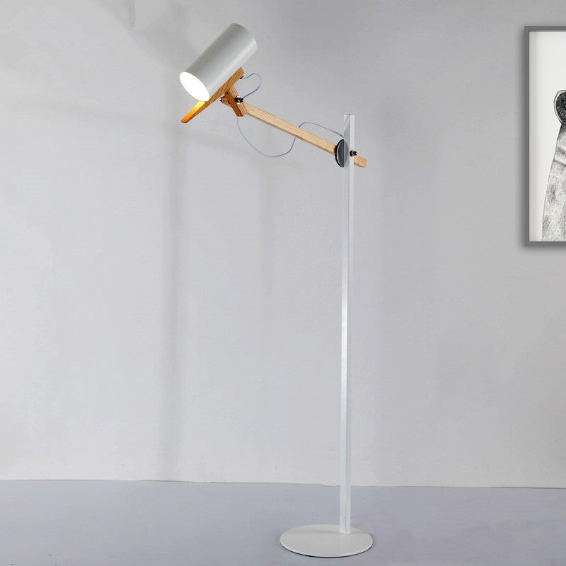 Modern Iron Swing Arm Floor Lamp - White/Black with Wood Tube Accent - 1-Light Standing Light