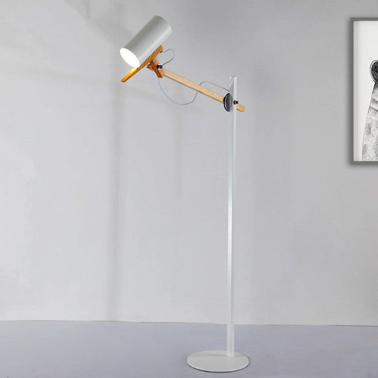 Modern Iron Swing Arm Floor Lamp - White/Black with Wood Tube Accent - 1-Light Standing Light