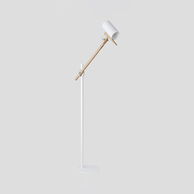 Modern Iron Swing Arm Floor Lamp - White/Black with Wood Tube Accent - 1-Light Standing Light