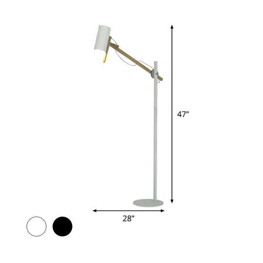 Modern Iron Swing Arm Floor Lamp - White/Black with Wood Tube Accent - 1-Light Standing Light