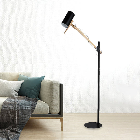Modern Iron Swing Arm Floor Lamp - White/Black with Wood Tube Accent - 1-Light Standing Light